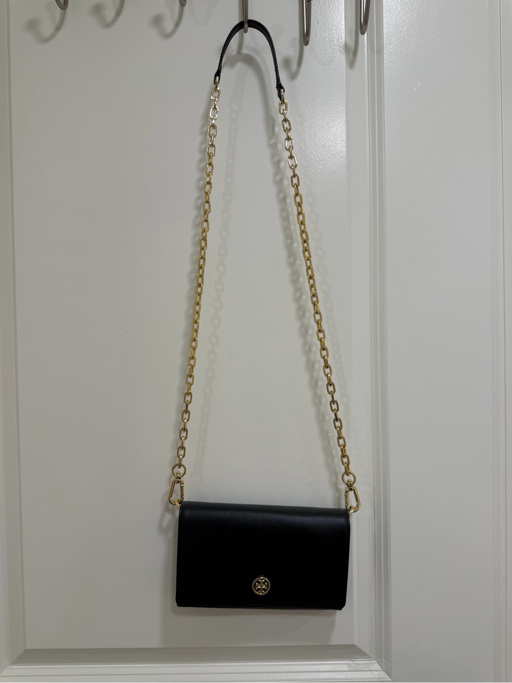 Tory Burch Black Leather Crossbody with Gold Chain